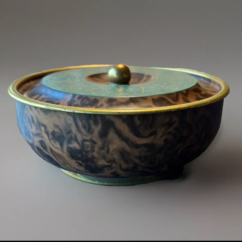 Vintage Tin Unmarked Hurled Wood Wood grain Lidded Gold Metallic Teal Lid w Knob